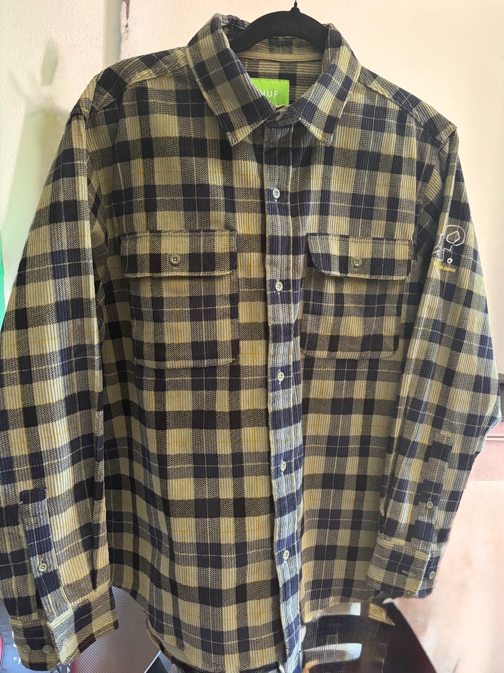HUF Worldwide 2002 Olive Green & Black Plaid Corduroy Overshirt Shirt Jacket Men